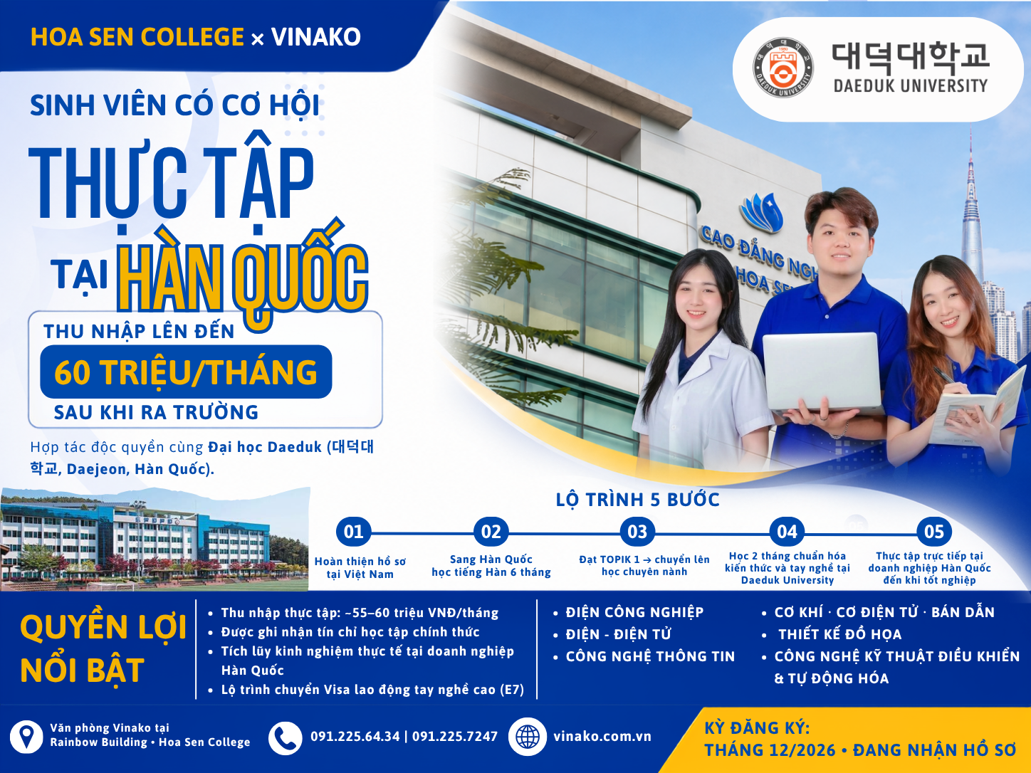 SINH VIÊN HOA SEN COLLEGE CÓ CƠ HỘI THỰC TẬP TẠI HÀN QUỐC CÙNG ĐẠI HỌC DAEDUK: THU NHẬP LÊN ĐẾN 60 TRIỆU ĐỒNG/THÁNG